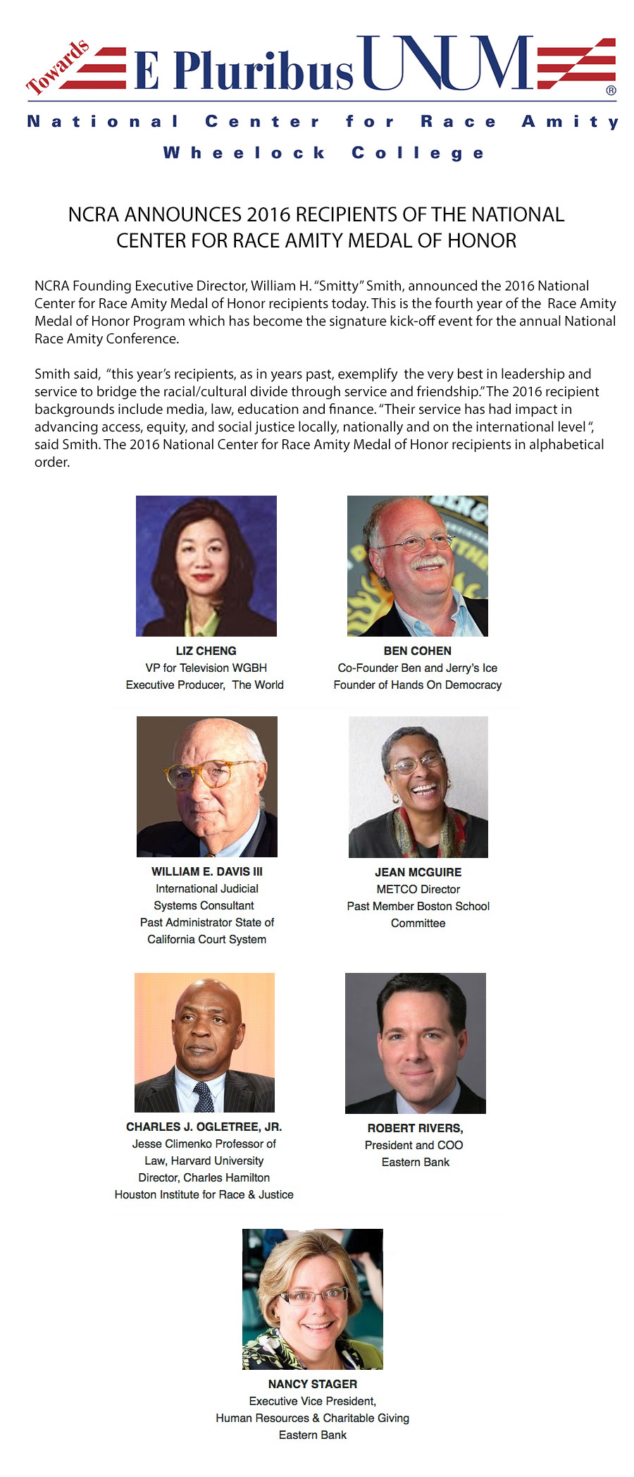 National Center for Race Amity Medal of Honor award 2016